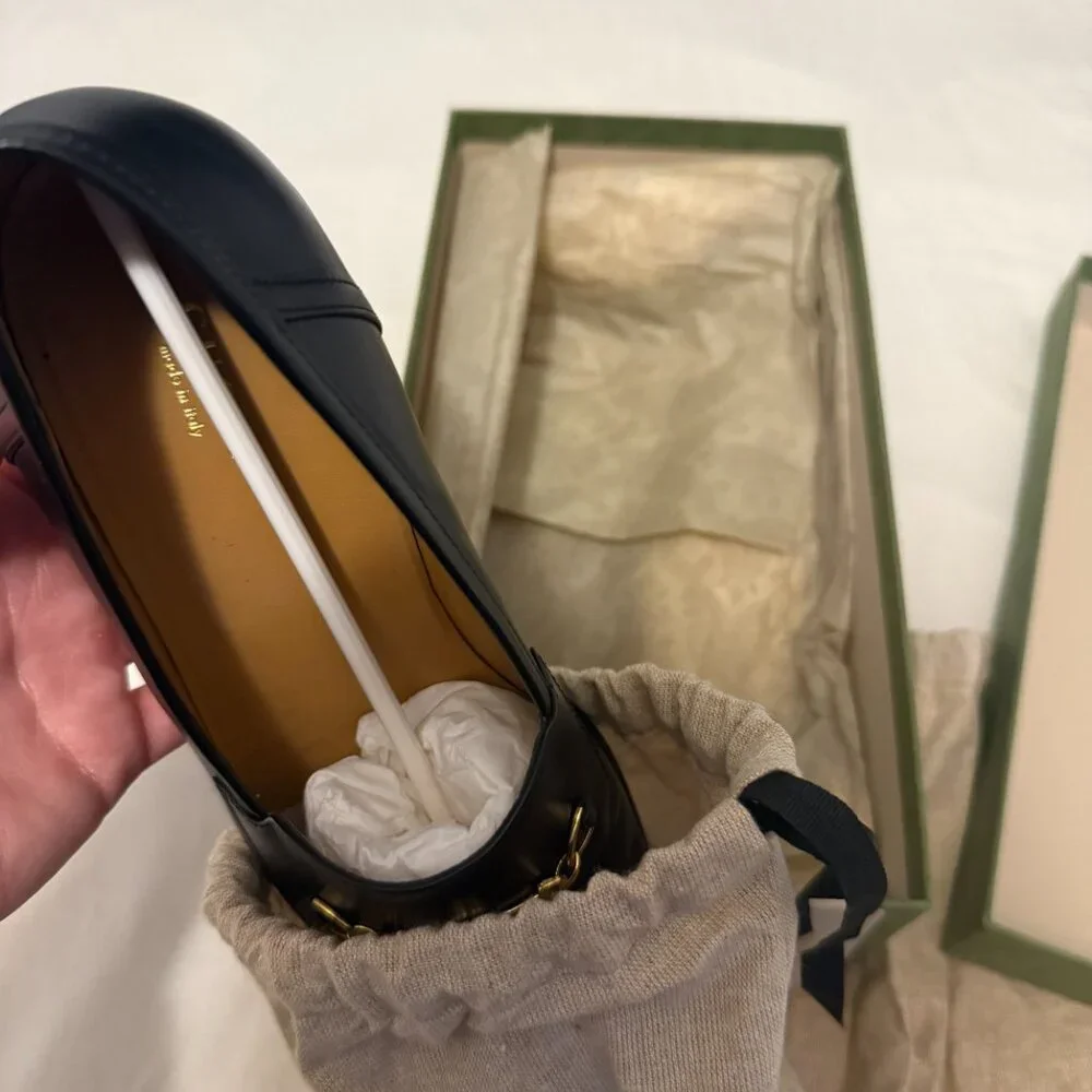 Gucci Jakarta Women Black Leather Loafer Shoes Gold GG Size 38- ORIGINAL PACKAGE - Picture 5 of 9